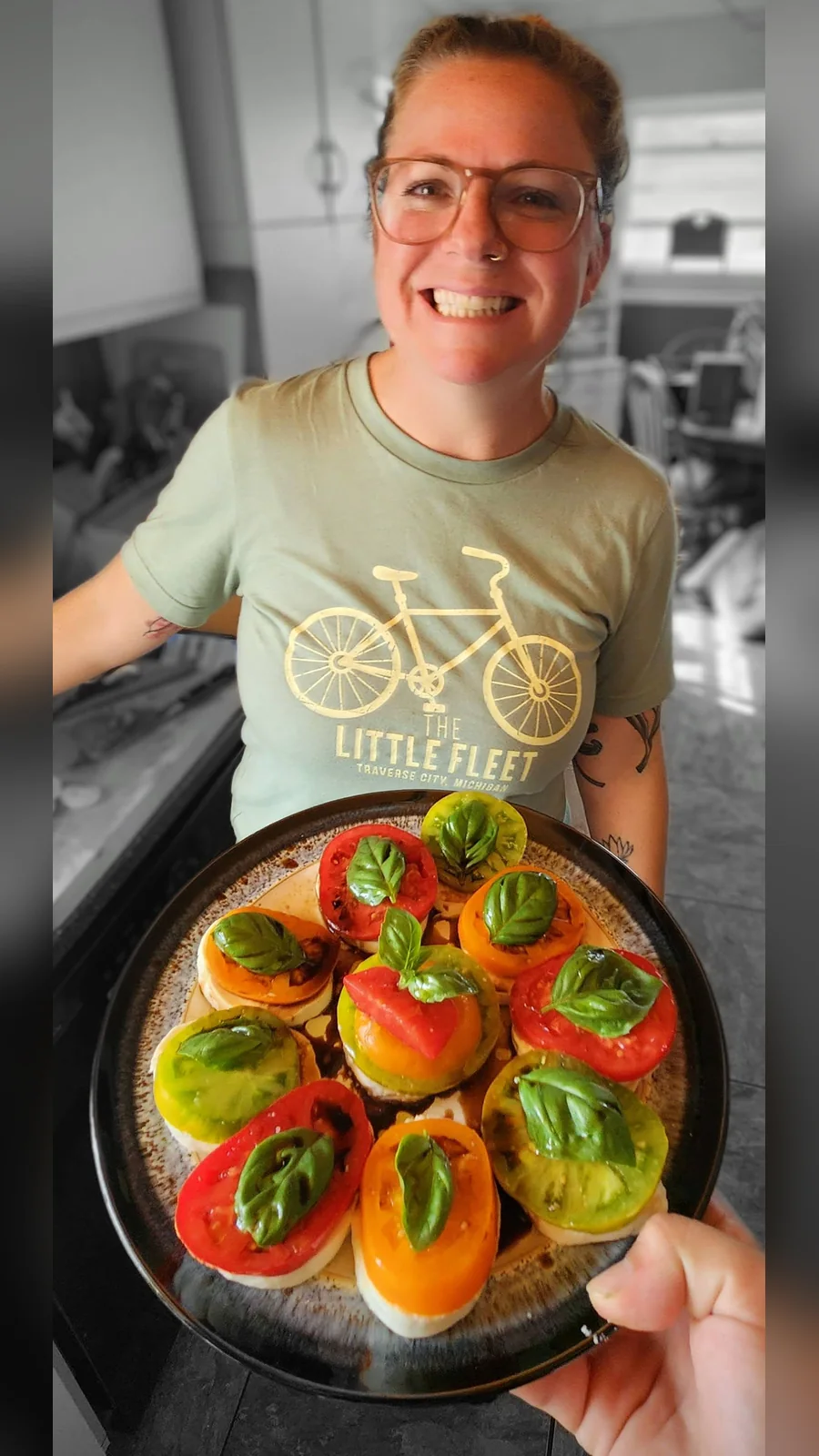 Colorful Caprese salad prepared with tomatoes from the garden