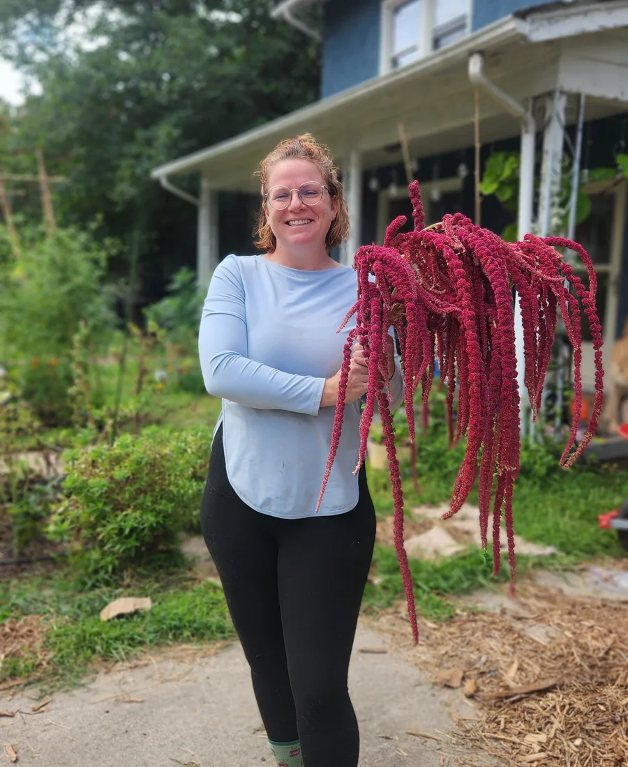Katy Lydon McGreevy holding harvested amaranth in a productive home garden